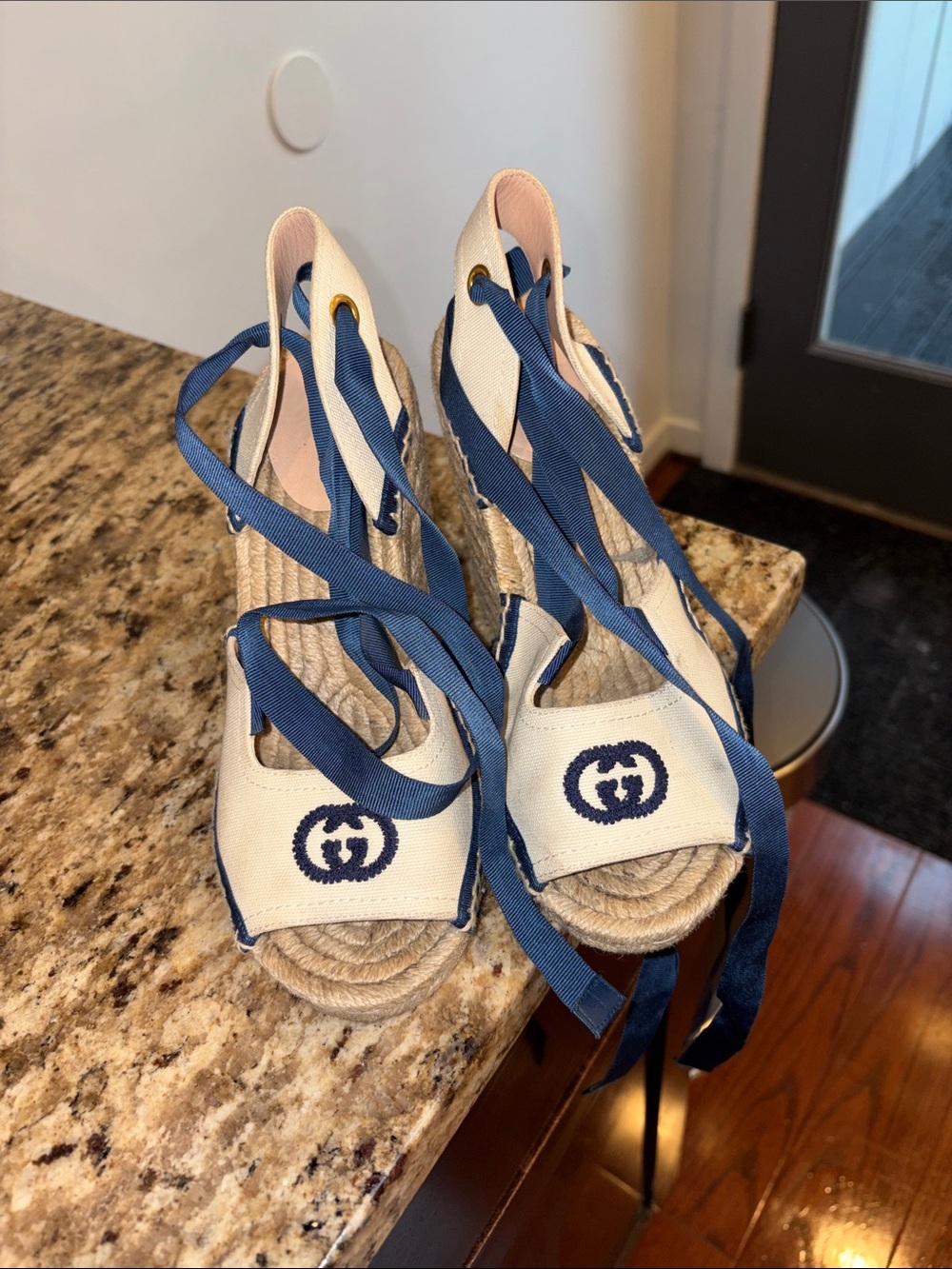 Gucci Cream Canvas Espadrille Wedges with Navy Ribbon Laces